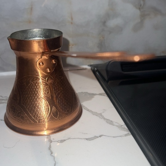 Etched Copper Turkish Coffee Pot Milk Warmer with Long Handle - Picture 3 of 7